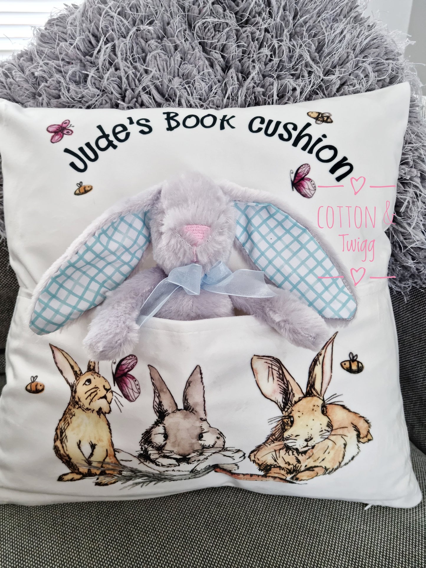 Personalised Book Cushion, Personalised bunny Rabbit Gift, Bunny Pocket Pillow, New Baby Gift, Baby shower Gift, Gift For Her, bunny Lover