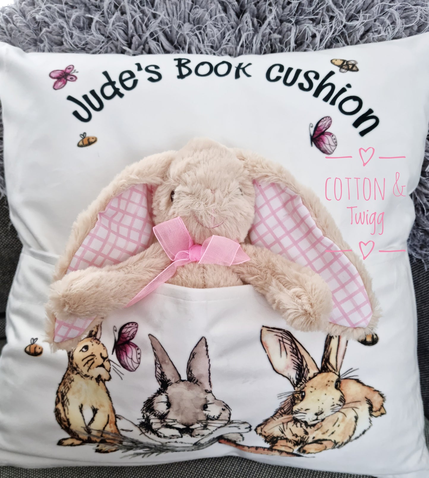 Personalised Book Cushion, Personalised bunny Rabbit Gift, Bunny Pocket Pillow, New Baby Gift, Baby shower Gift, Gift For Her, bunny Lover