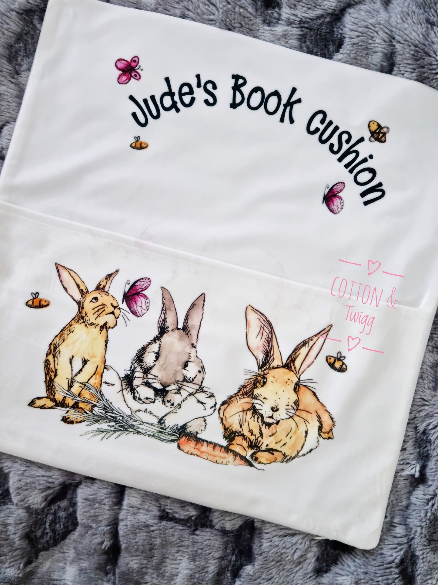 Personalised Book Cushion, Personalised bunny Rabbit Gift, Bunny Pocket Pillow, New Baby Gift, Baby shower Gift, Gift For Her, bunny Lover