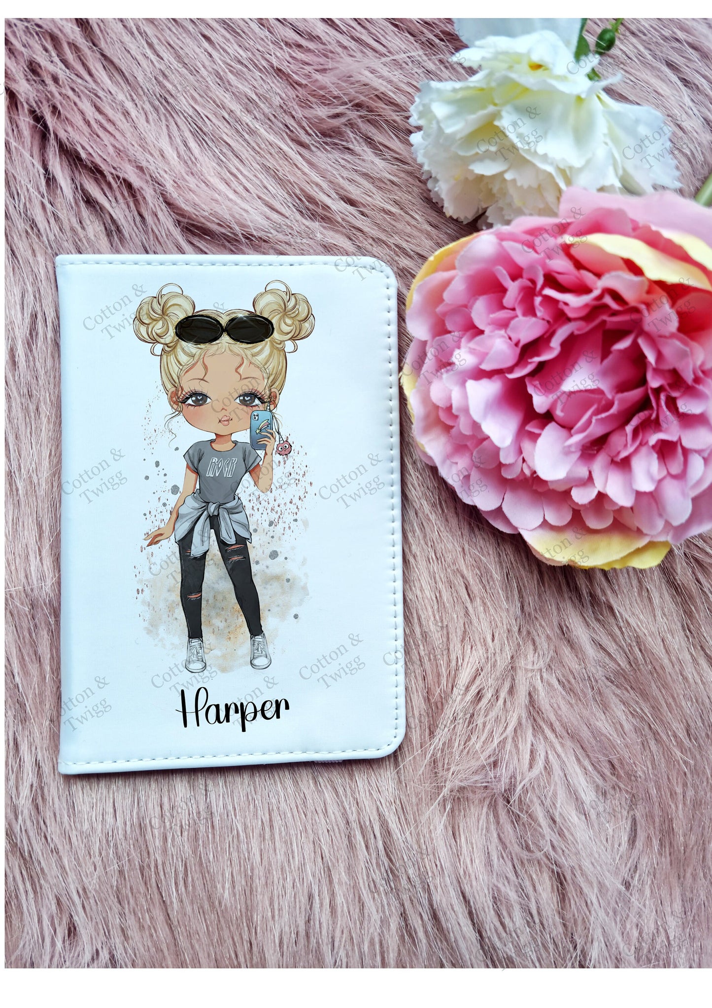 Personalised Girls Passport Holder, Custom Travel Set, Gift For her or Bridesmaids, Hen Party Passport Cover, Choose Hair & Eye Colour