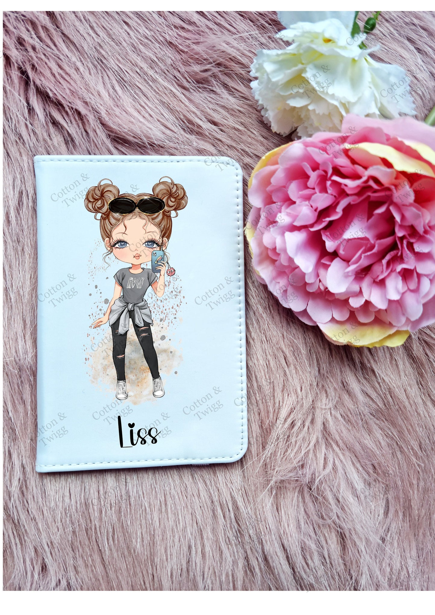 Personalised Girls Passport Holder, Custom Travel Set, Gift For her or Bridesmaids, Hen Party Passport Cover, Choose Hair & Eye Colour