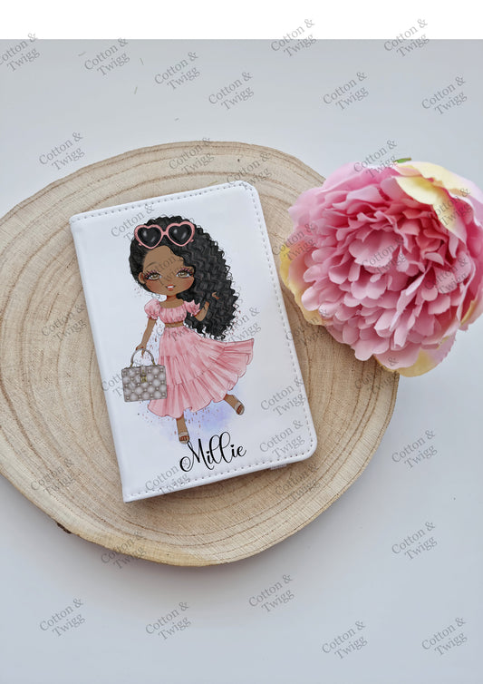 Personalised Girls Passport Holder, Custom Travel Set, Gift For her or Bridesmaids, Hen Party Passport Cover, Choose Hair & Eye Colour