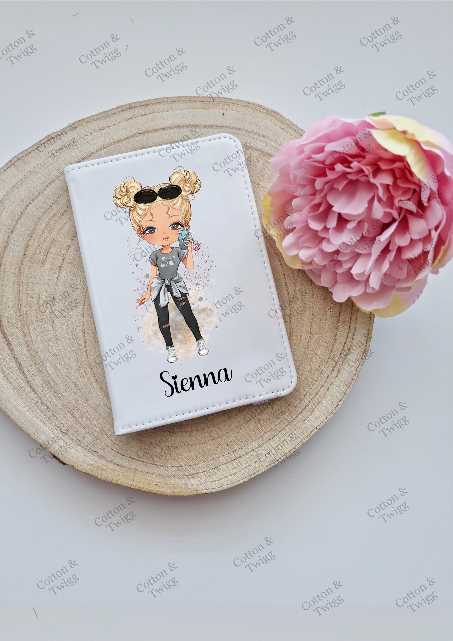 Personalised Girls Passport Holder, Custom Travel Set, Gift For her or Bridesmaids, Hen Party Passport Cover, Choose Hair & Eye Colour