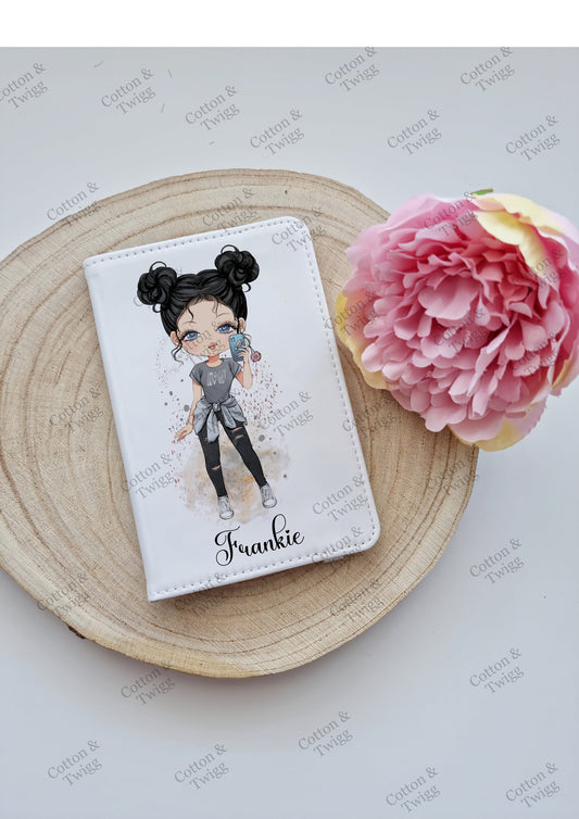 Personalised Girls Passport Holder, Custom Travel Set, Gift For her or Bridesmaids, Hen Party Passport Cover, Choose Hair & Eye Colour