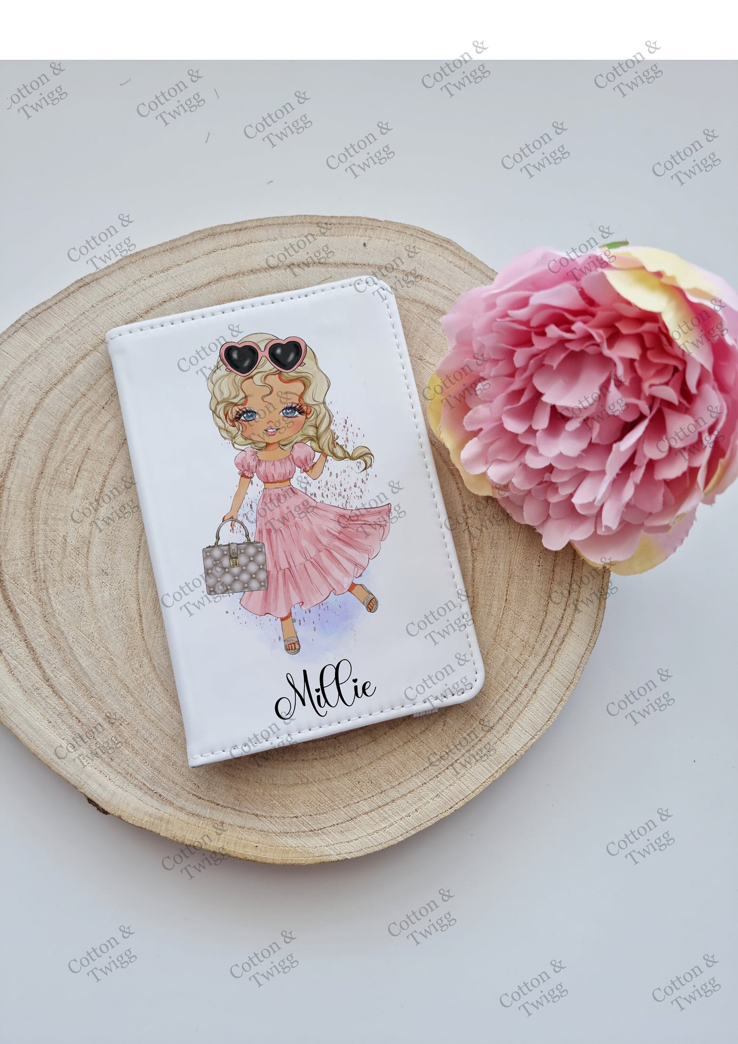 Personalised Girls Passport Holder, Custom Travel Set, Gift For her or Bridesmaids, Hen Party Passport Cover, Choose Hair & Eye Colour