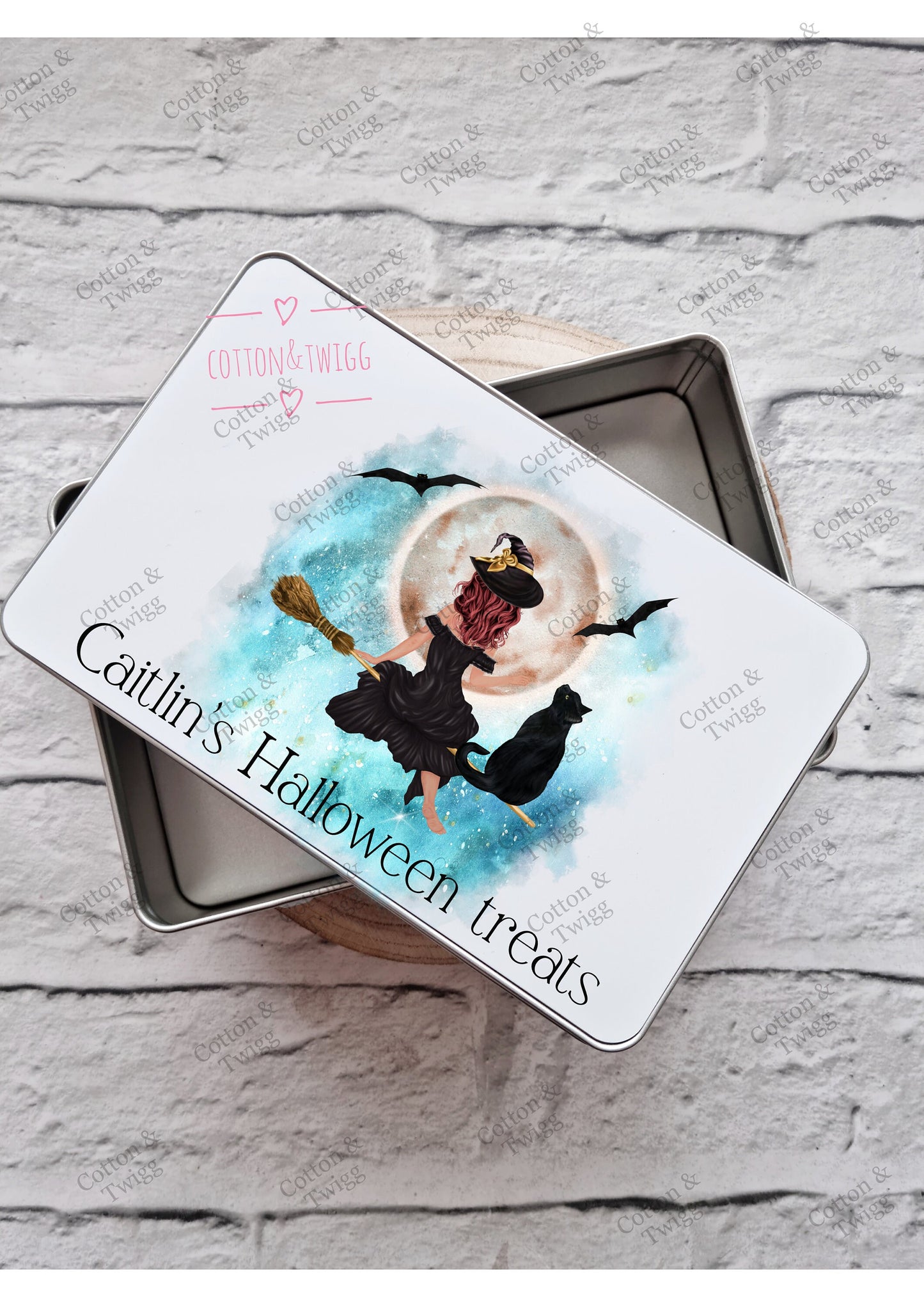 Personalised Halloween Tin, Trick Or Treat Tin, Halloween Gift, Witch on Broom, Present For Halloween, Childrens Gift, Halloween Candy