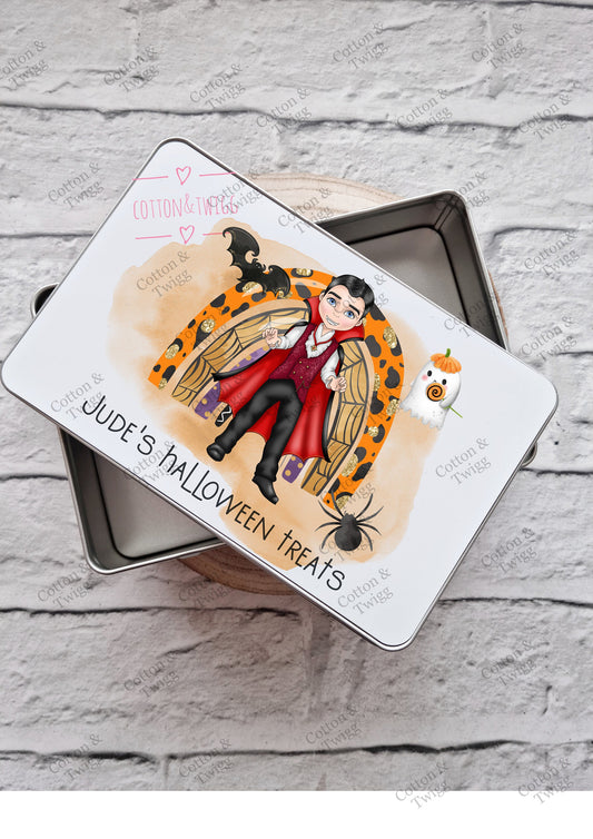 Personalised Halloween Tin, Trick Or Treat Tin, Halloween Gift, Vampire & Witch, Present For Halloween, Children's Gift, Halloween Candy