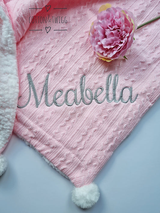 Personalised Pink Baby Blanket, Embroidered Pom Pom Blanket For Boys And Girls, Pink Baby Blanket, Blue Baby Blanket, New Baby Gift,