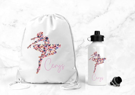 Personalised Ballet Water Bottle & Gym Bag, Ballerina Gift, Personalised PE bag, School, PE, Swim Drawstring Bag, Ballet Gift, Present