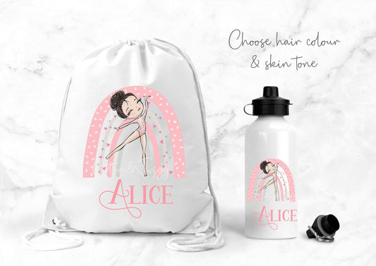 Personalised Ballet Water Bottle & Gym Bag, Ballerina Gift, Personalised PE bag, School, PE, Swim Drawstring Bag, Ballet Gift, Present