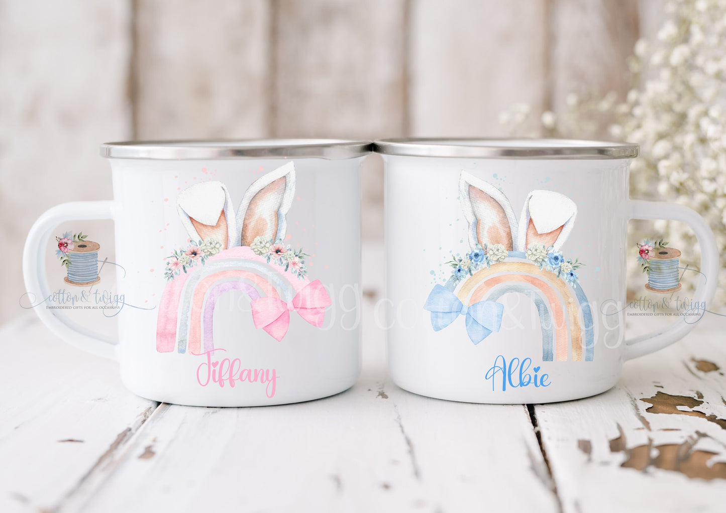 Kids Personalised Easter Mug, Enamel Easter Bunny Cup, Bunny Rabbit Gift,  Kids Camping Mug, Childrens Easter Gift, Gift For Boys & Girls