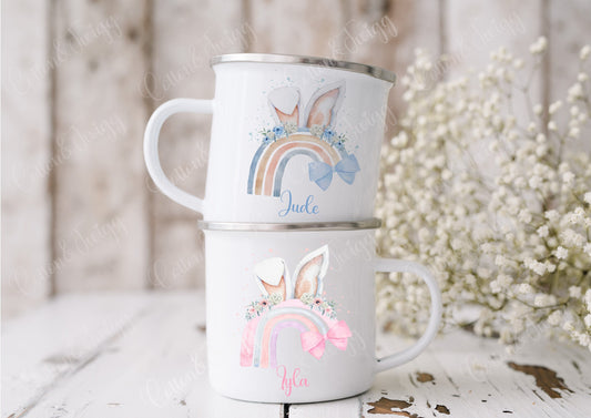 Kids Personalised Easter Mug, Enamel Easter Bunny Cup, Bunny Rabbit Gift,  Kids Camping Mug, Childrens Easter Gift, Gift For Boys & Girls