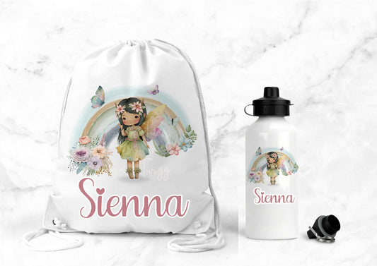 Personalised Water Bottle & Gym Bag, Personalised PE bag, School, PE, Swim Drawstring Bag, Fairy Rainbow Gift, Kids Bag