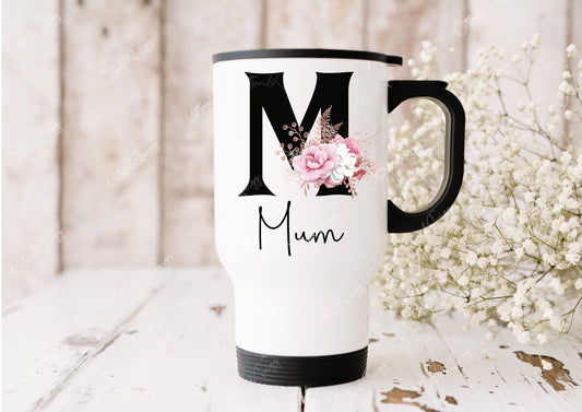 Personalised Travel Mug, Initial Mug, Floral Letters Stainless Steele Insulated Travel Cup, Mothers Day Gift, First Mothers Day,New Mum Gift