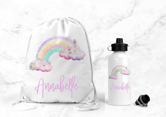 Personalised Water Bottle & Gym Bag, Personalised PE bag, School, PE, Swim Drawstring Bag, Rainbow Gift, Present