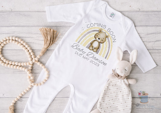 Personalised Pregnancy Anouncement, Sleepsuit & Vest, Coming Soon Bodysuit, Pregnancy Due Date Babygrow, Baby Shower Gift, Rainbow Baby