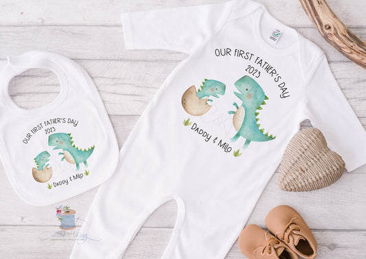 Personalised First Fathers Day Sleepsuit, Our First Father's Day dinosaur Romper Suit, Baby Boy's 1st Father's Day Outfit, Fathers Day Gift