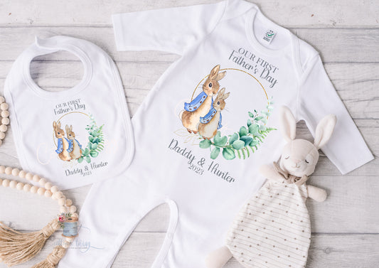 Personalised First Fathers Day Sleepsuit, Our First Father's Day Bunny Romper Suit, Baby Boy's 1st Father's Day Outfit, Fathers Day Gift