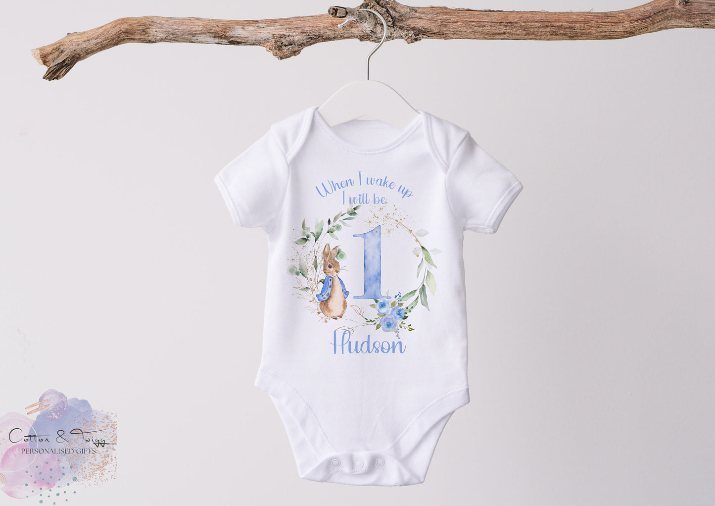 Personalised When I Wake Up I Will Be One Vest, Personalised Blue Rabbit Birthday Bodysuit, 1st Birthday Babygrow, Unisex Birthday Vest