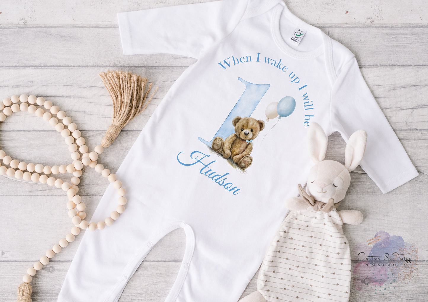 Personalised Baby Boy's When I Wake Up I Will Be One Sleepsuit, Vest & Bib