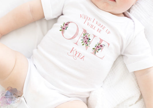 Personalised When I Wake Up I Will Be One Vest, Pink Floral First Birthday Outfit