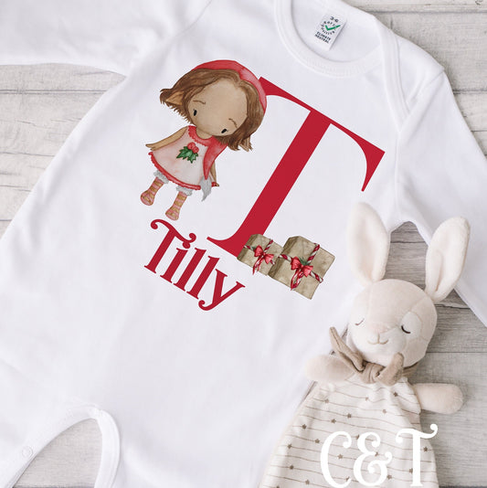 Baby Girl's Personalised Baby Christmas Sleepsuit, Vest & Bib, Personalised Baby Gift Set