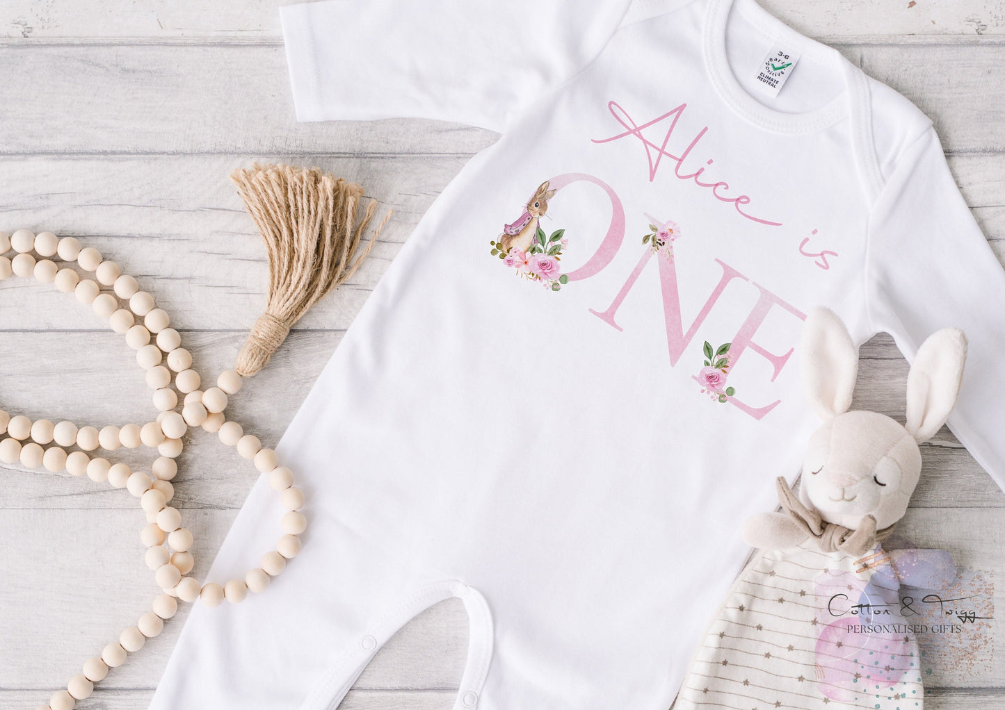 Personalised I am One Sleepsuit, Personalised Pink  Rabbit Birthday Vest, 1st Birthday Babygrow, Unisex Birthday Vest