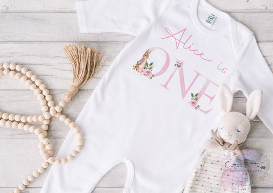 Personalised I am One Sleepsuit, Personalised Pink  Rabbit Birthday Vest, 1st Birthday Babygrow, Unisex Birthday Vest