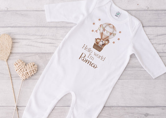 Personalised Hello World Baby Gift Set, Sleepsuit, Vest & Bib