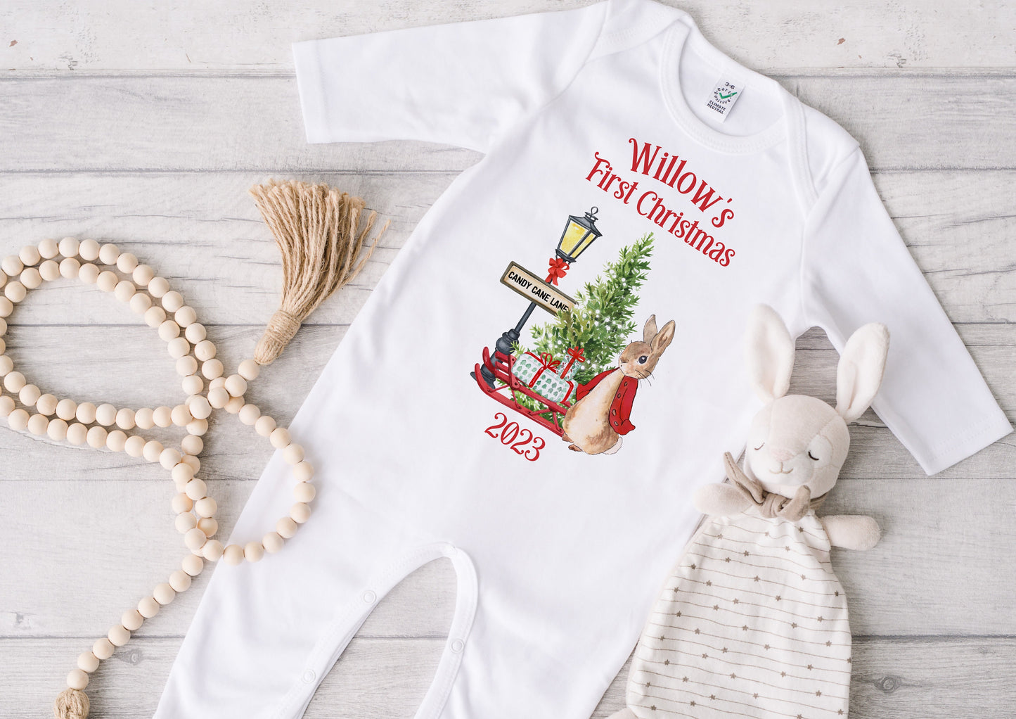 Personalised Peter Rabbit First Christmas Gift Set, Sleepsuit, Vest & Bib