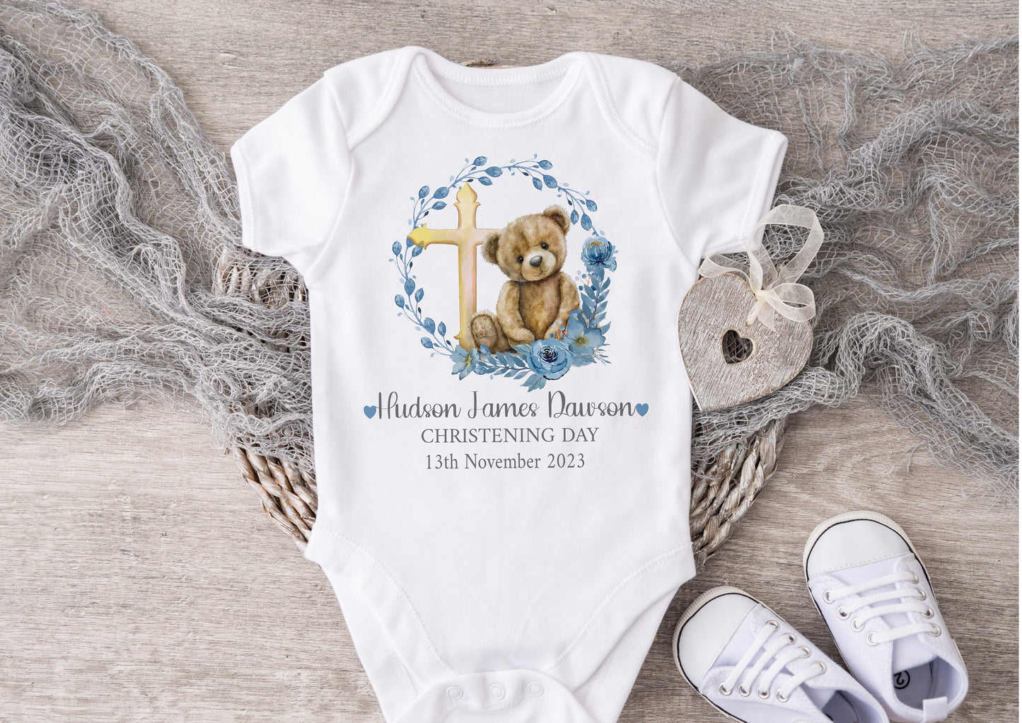 Personalised Boys Christening Gift Set, Sleepsuit, Vest & Bib