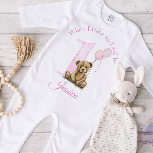 Personalised When I Wake Up I Will Be One Sleepsuit, Personalised Birthday Romper, 1st Birthday Babygrow, Birthday Bodysuit