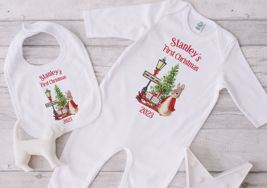 Personalised Peter Rabbit First Christmas Gift Set, Sleepsuit, Vest & Bib