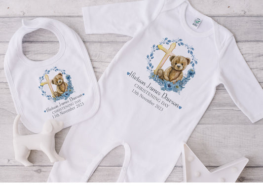 Personalised Boys Christening Gift Set, Sleepsuit, Vest & Bib