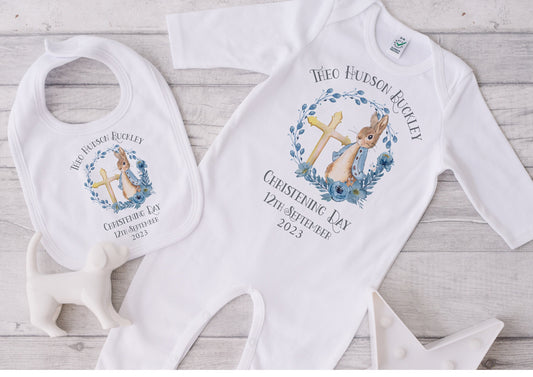 Personalised Christening Outfit, Baby Boy's Baptism, Naming Day Gifts, Cotton Sleepsuit & Vest, Bodysuit And Bib